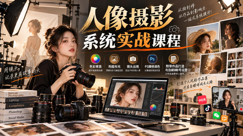 【无水印】人像摄影系统实战课程，色彩审美、构图布光、镜头运用、PS精修调色，附带作品打造与自媒体账号运营-轻创星球网