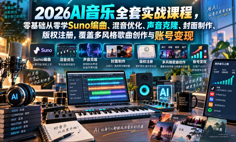 2026AI音乐实战课程，零基础从零学Suno编曲、混音优化、声音克隆、版权注册，覆盖多风格歌曲创作与账号变现(更新0924)-轻创星球网