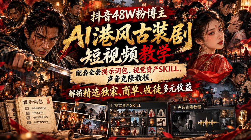 抖音48W粉博主AI港风古装剧短视频教学，配套全套提示词包、视觉资产SKILL、声音克隆教程，解锁精选独家、商单、收徒多元收益-轻创星球网