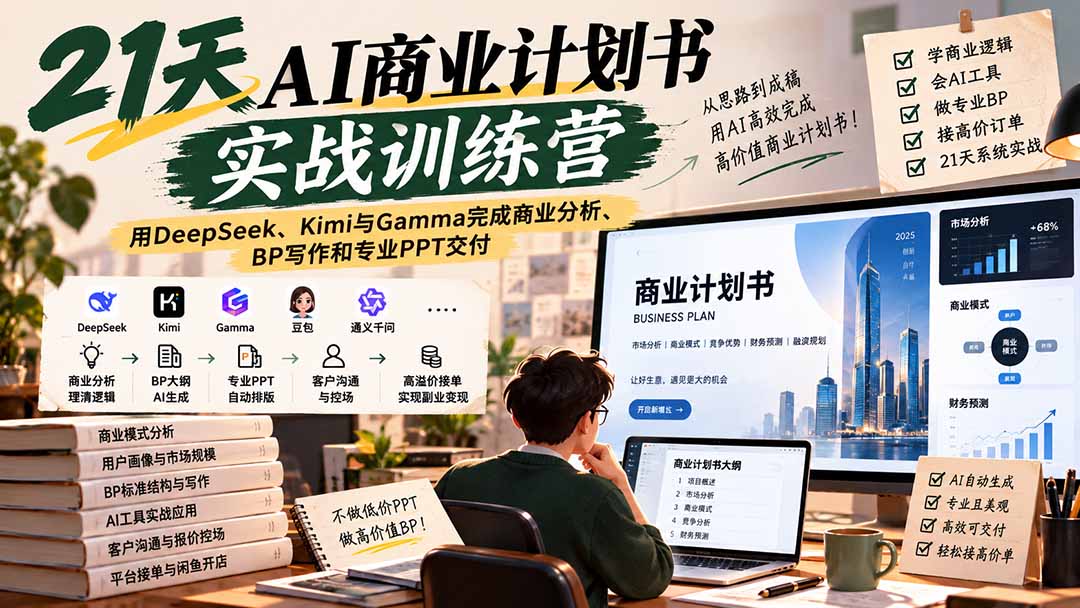 【无水印】21天AI商业计划书实战训练营：用DeepSeek、Kimi与Gamma完成商业分析、BP写作和专业PPT交付-轻创星球网