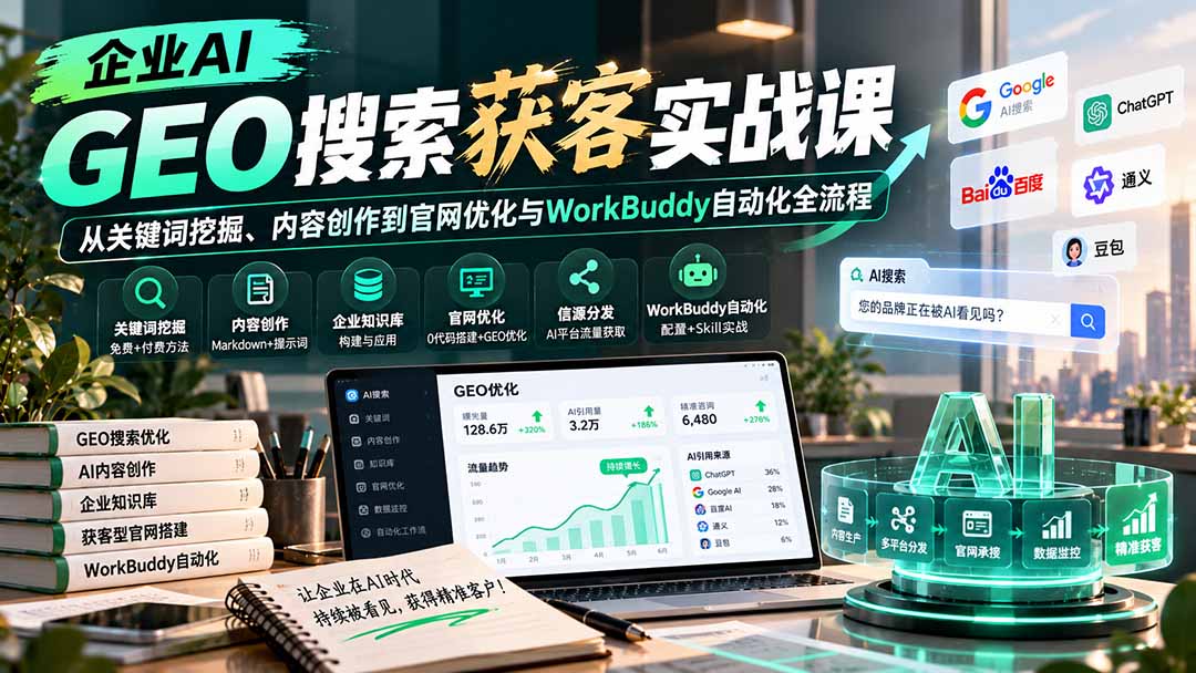 企业AI GEO搜索获客实战课：从关键词挖掘、内容创作到官网优化与WorkBuddy自动化全流程-轻创星球网