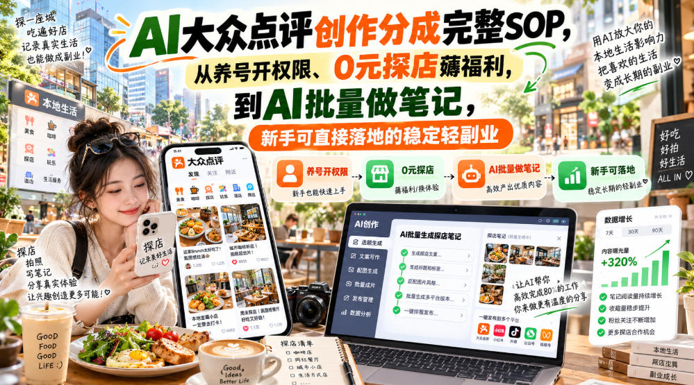 【无水印】AI大众点评创作分成完整SOP，从养号开权限、0元探店薅福利，到AI批量做笔记，新手可直接落地的稳定轻副业-轻创星球网
