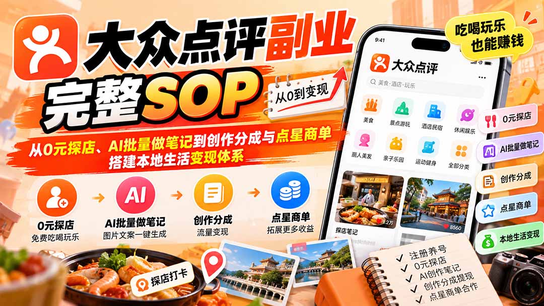 【无水印】大众点评副业完整SOP：从0元探店、AI批量做笔记到创作分成与点星商单，搭建本地生活变现体系-轻创星球网