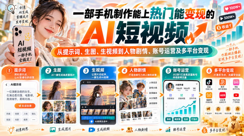 【无水印】一部手机制作能上热门能变现的AI短视频，从提示词、生图、生视频到人物剧情、账号运营及多平台变现-轻创星球网