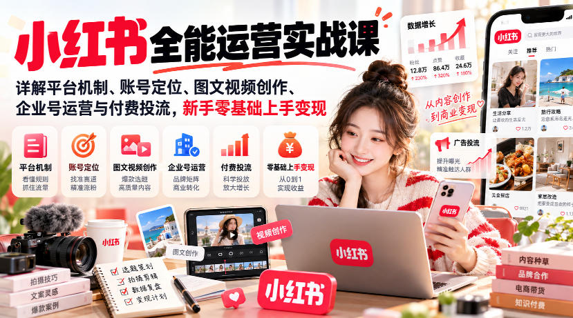 小红书全能运营实战课，详解平台机制、账号定位、图文视频创作、企业号运营与付费投流，新手零基础上手变现-轻创星球网