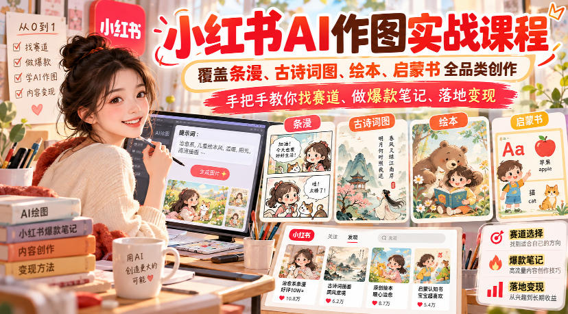 小红书AI作图实战课程，覆盖条漫、古诗词图、绘本、启蒙书全品类创作，手把手教你找赛道、做爆款笔记、落地变现-轻创星球网