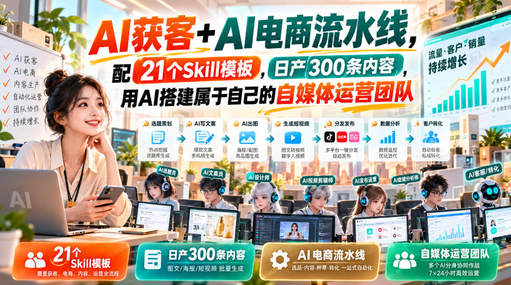 AI获客+AI电商流水线，配21个Skill模板，日产300条内容，用AI搭建属于自己的自媒体运营团队-轻创星球网