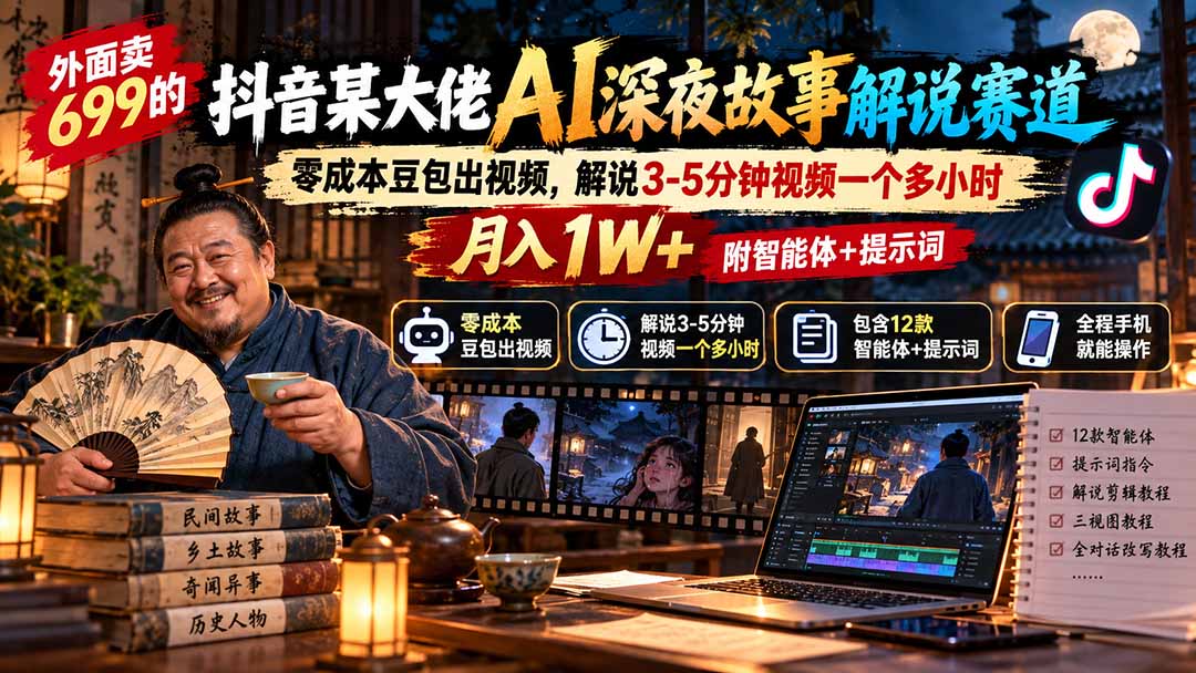 外面卖699的抖音某大佬AI深夜故事解说赛道：零成本豆包出视频，解说3-5分钟视频一个多小时，月入1W+附智能体+提示词-轻创星球网