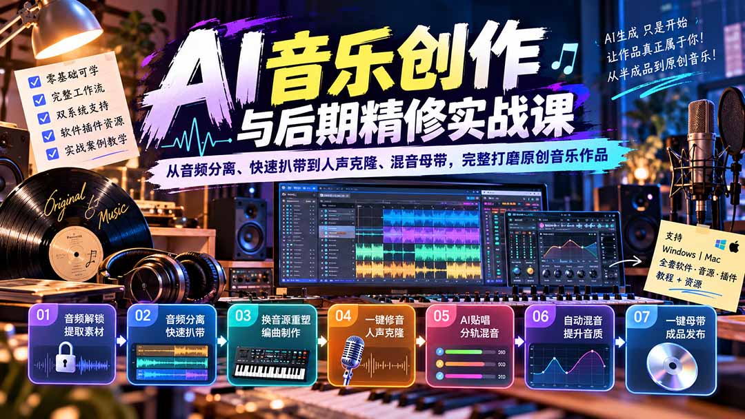 AI音乐创作与后期精修实战课：从音频分离、快速扒带到人声克隆、混音母带，完整打磨原创音乐作品-轻创星球网