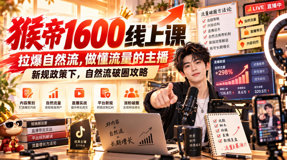 猴帝1600线上课，拉爆自然流，做懂流量的主播，新规政策下，自然流破圈攻略【更新260926】-轻创星球网