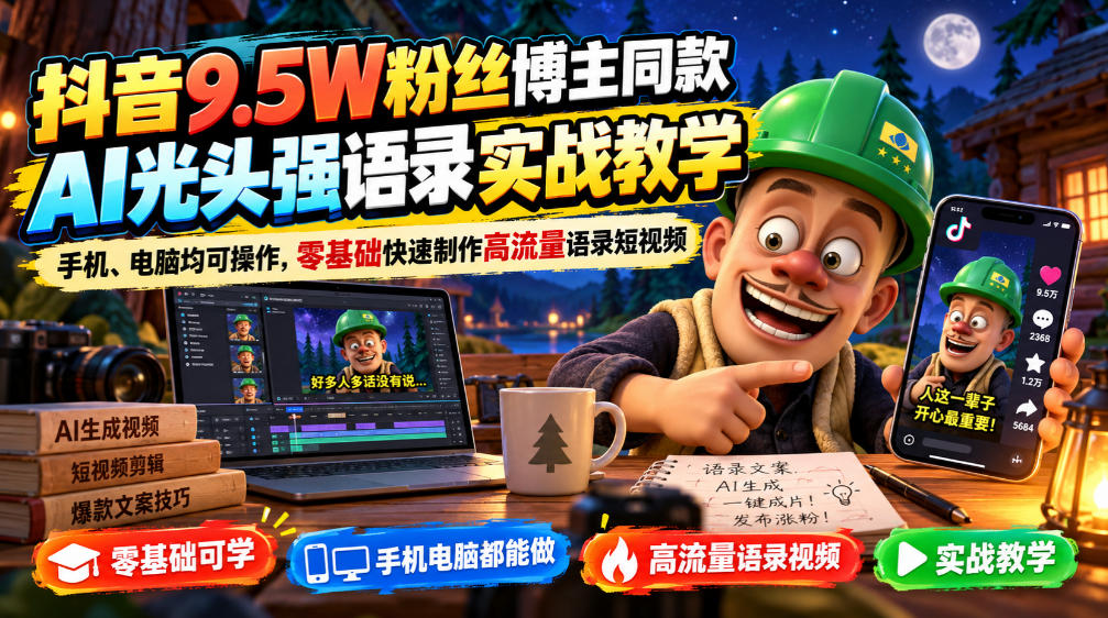 抖音9.5W粉丝博主同款AI光头强语录实战教学，手机、电脑均可操作，零基础快速制作高流量语录短视频-轻创星球网