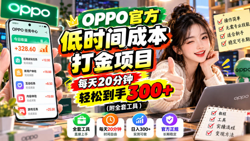 OPPO官方低时间成本打金项目，每天20分钟，轻松到手300+(附全套工具)【揭秘】-轻创星球网