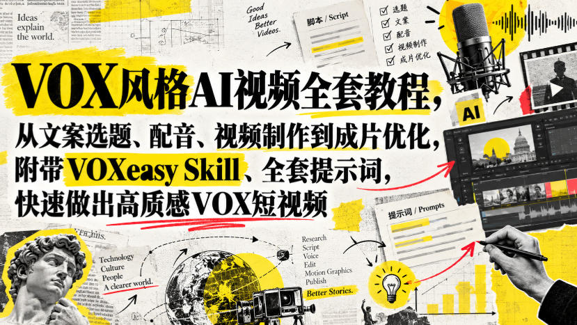 VOX风格AI视频全套教程，从文案选题、配音、视频制作到成片优化，附带VOXeasy Skill、全套提示词，快速做出高质感VOX短视频-轻创星球网