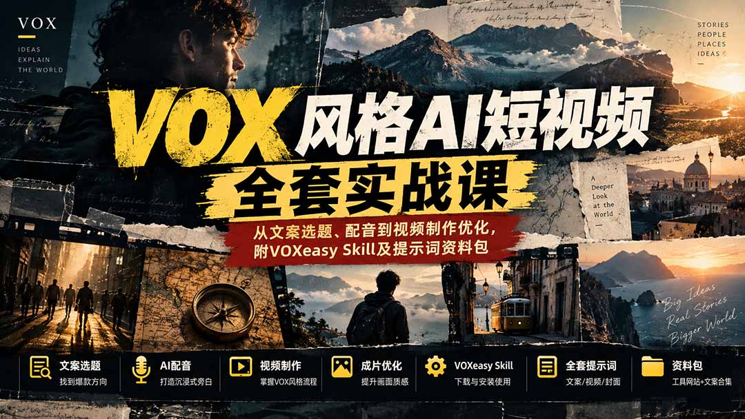 【无水印】VOX风格AI短视频全套实战课：从文案选题、配音到视频制作优化，附VOXeasy Skill及提示词资料包-轻创星球网