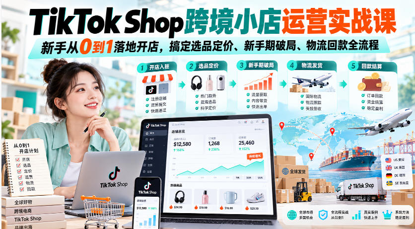 TikTok Shop跨境小店运营实战课，新手从0到1落地开店，搞定选品定价、新手期破局、物流回款全流程-轻创星球网