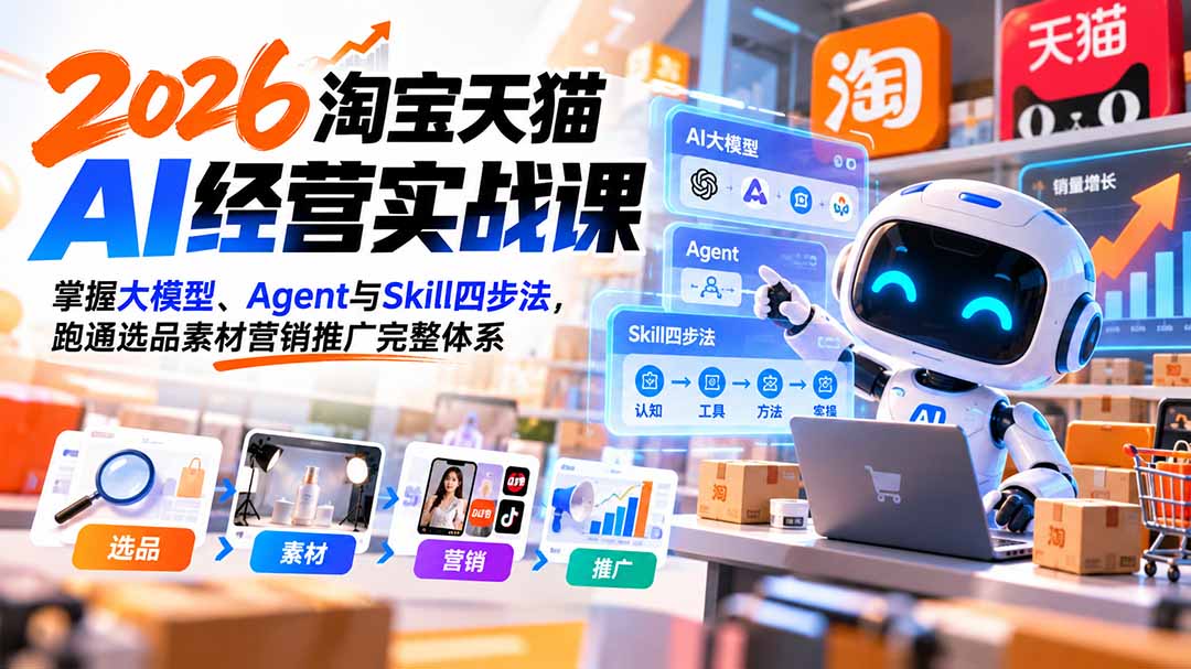 【无水印】2026淘宝天猫AI经营实战课：掌握大模型、Agent与Skill四步法，跑通选品素材营销推广完整体系-轻创星球网