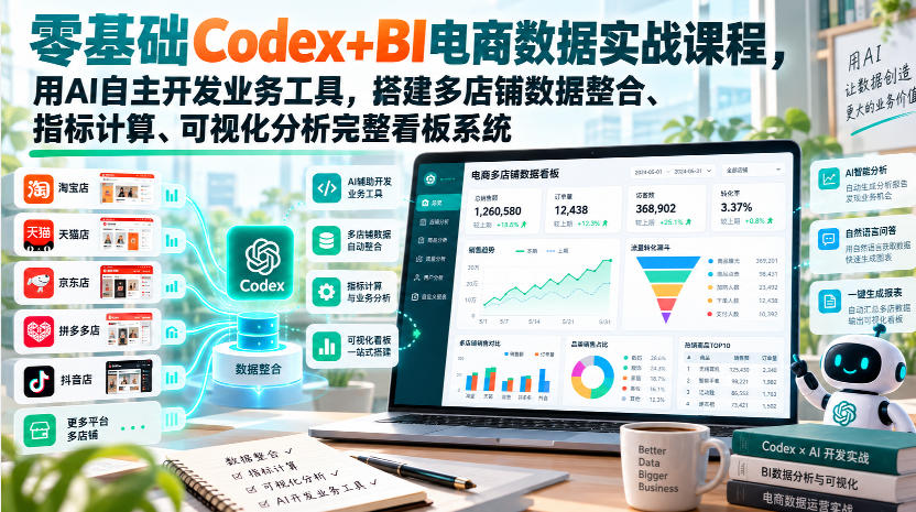 零基础Codex+BI电商数据实战课程，用AI自主开发业务工具，搭建多店铺数据整合、指标计算、可视化分析完整看板系统-轻创星球网