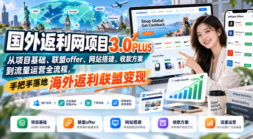 国外返利网项目3.0PLUS，从项目基础、联盟offer、网站搭建、收款方案到流量运营全流程，手把手落地海外返利联盟变现-轻创星球网