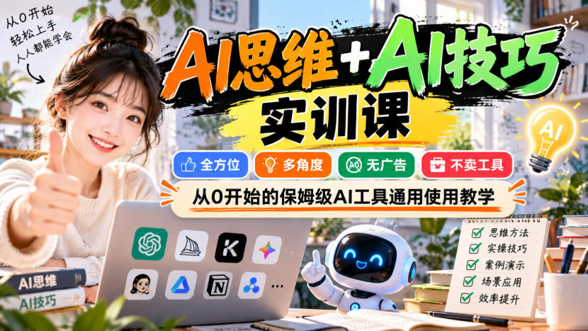 【无水印】AI思维+AI技巧实训课，全方位、多角度、无广告、不卖工具，从0开始的保姆级AI工具通用使用教学-轻创星球网