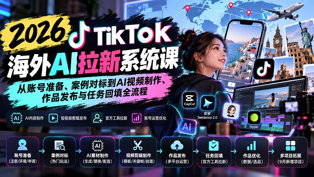 【无水印】2026 TikTok海外AI拉新系统课：从账号准备、案例对标到AI视频制作、作品发布与任务回填全流程-轻创星球网