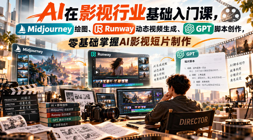 【无水印】AI在影视行业基础入门课，Midjourney绘图、Runway动态视频生成、GPT脚本创作，零基础掌握AI影视短片制作-轻创星球网