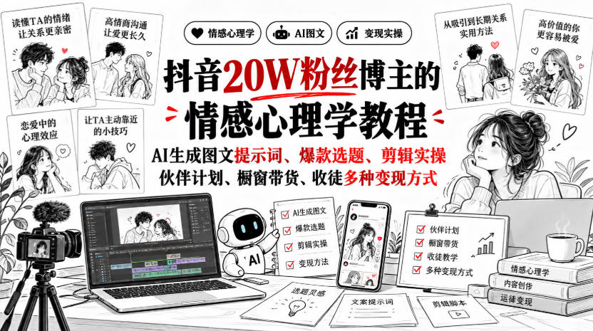 抖音20W粉丝博主静候心声的情感心理学教程，AI生成图文提示词、爆款选题、剪辑实操，伙伴计划、橱窗带货、收徒多种变现方式-轻创星球网
