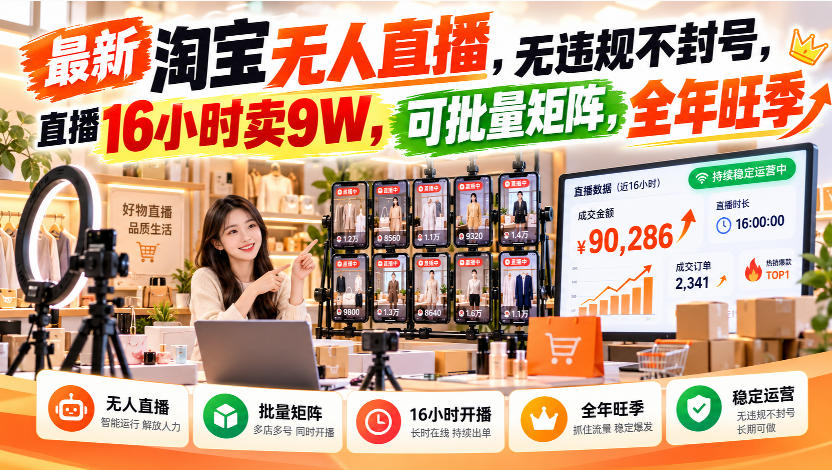 最新淘宝无人直播，无违规不封号，直播16小时卖9W，可批量矩阵，全年旺季【揭秘】-轻创星球网