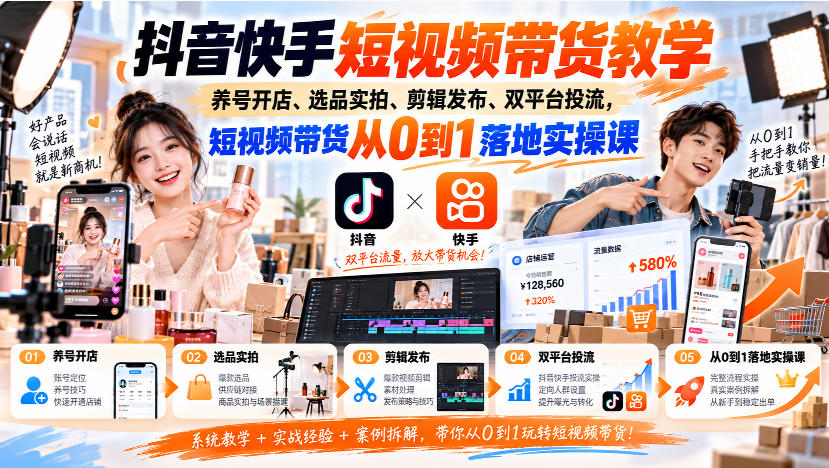 抖音快手短视频带货教学｜养号开店、选品实拍、剪辑发布、双平台投流，短视频带货从0到1落地实操课-轻创星球网