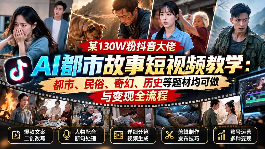 某130W粉抖音大佬AI都市故事短视频教学：都市、民俗、奇幻、历史等题材均可做与变现全流程-轻创星球网