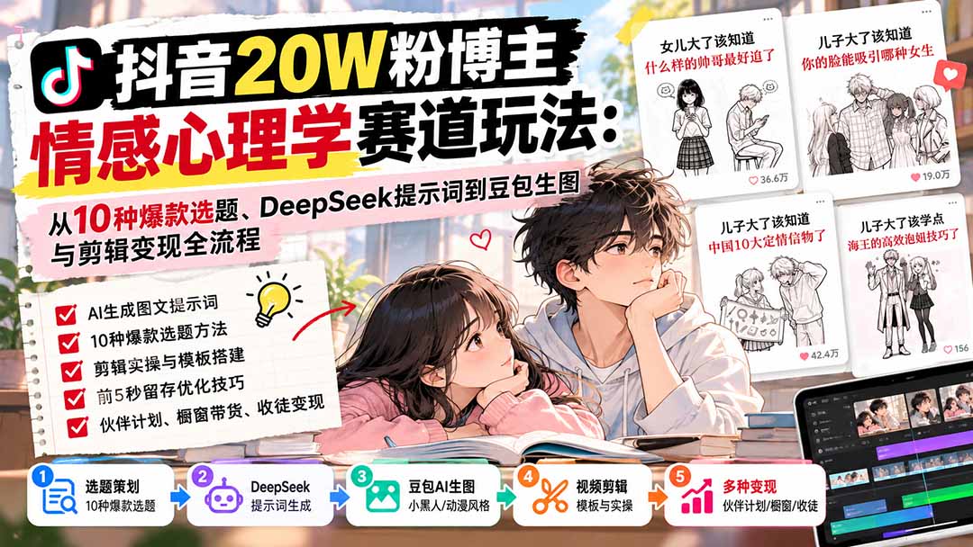 抖音20W粉博主-情感心理学赛道玩法：从10种爆款选题、DeepSeek提示词到豆包生图与剪辑变现全流程-轻创星球网
