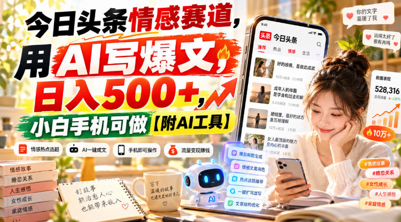 今日头条情感赛道，用AI写爆文，日入500+，小白手机可做【附AI工具】-轻创星球网