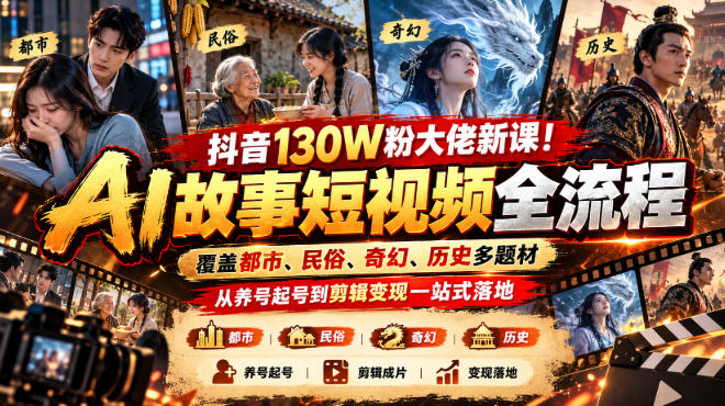 抖音130W粉大佬新课！AI故事短视频全流程，覆盖都市、民俗、奇幻、历史多题材，从养号起号到剪辑变现一站式落地-轻创星球网