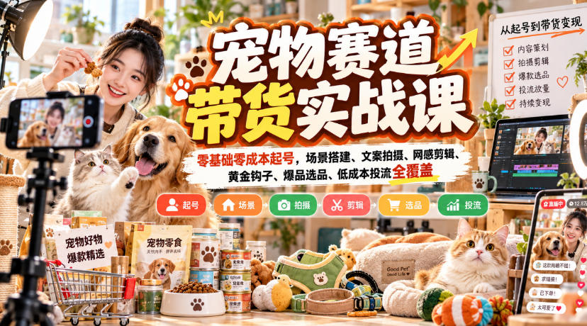 宠物赛道带货实战课，零基础零成本起号，场景搭建、文案拍摄、网感剪辑、黄金钩子、爆品选品、低成本投流全覆盖-轻创星球网