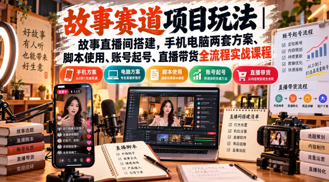 故事赛道项目玩法｜故事直播间搭建，手机电脑两套方案、脚本使用、账号起号、直播带货全流程实战课程-轻创星球网