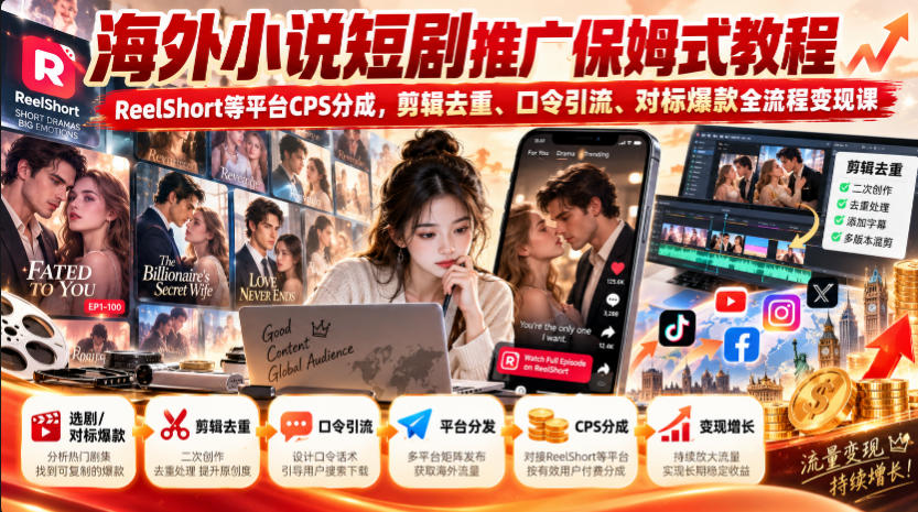 海外小说短剧推广保姆式教程｜ReelShort等平台CPS分成，剪辑去重、口令引流、对标爆款全流程变现课-轻创星球网