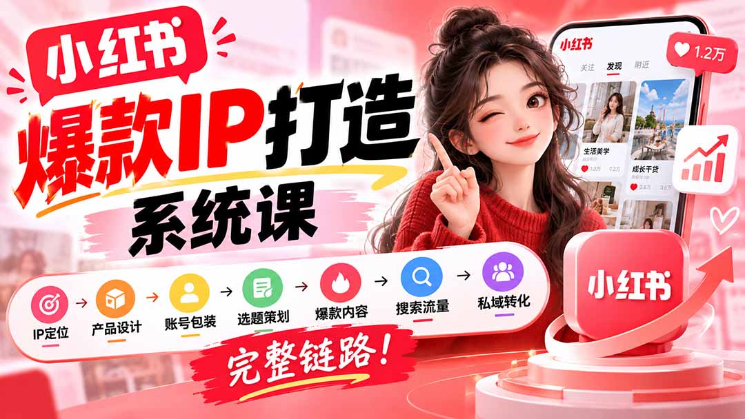 【无水印】小红书爆款IP打造课：IP定位→产品设计→账号包装→选题策划→爆款内容→搜索流量→私域转化，完整链路-轻创星球网
