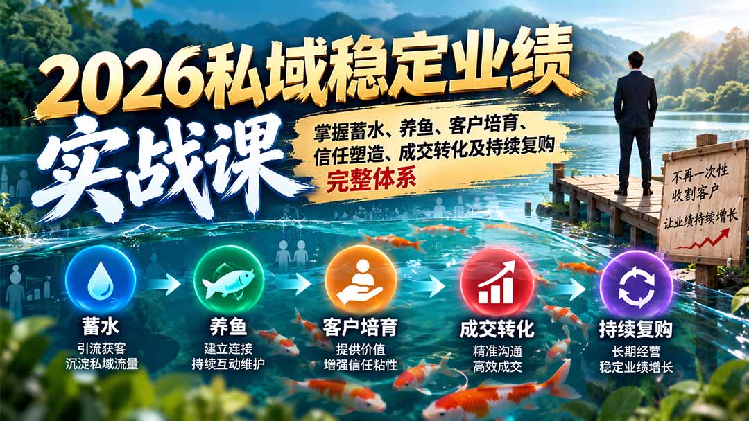 2026私域稳定业绩实战课：掌握蓄水、养鱼、客户培育、信任塑造、成交转化及持续复购完整体系-轻创星球网