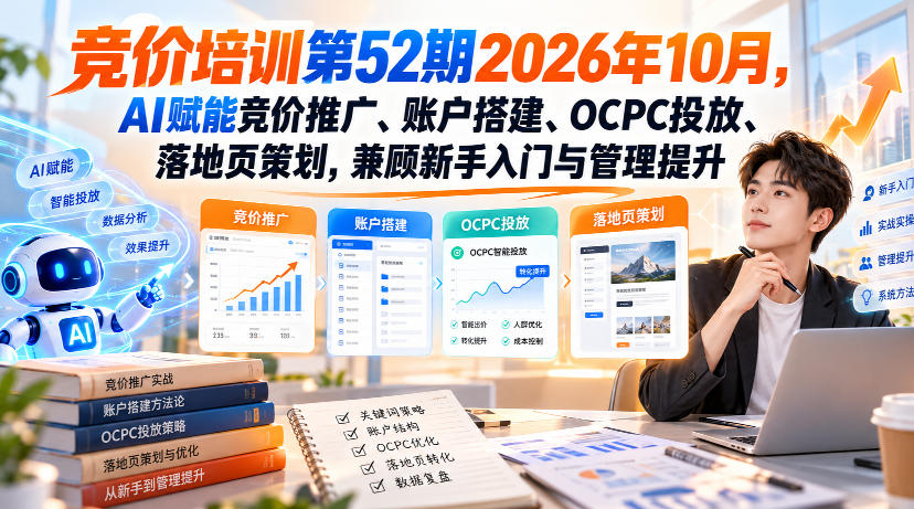 【无水印】竞价培训第52期2026年10月，AI赋能竞价推广、账户搭建、OCPC投放、落地页策划，兼顾新手入门与管理提升-轻创星球网