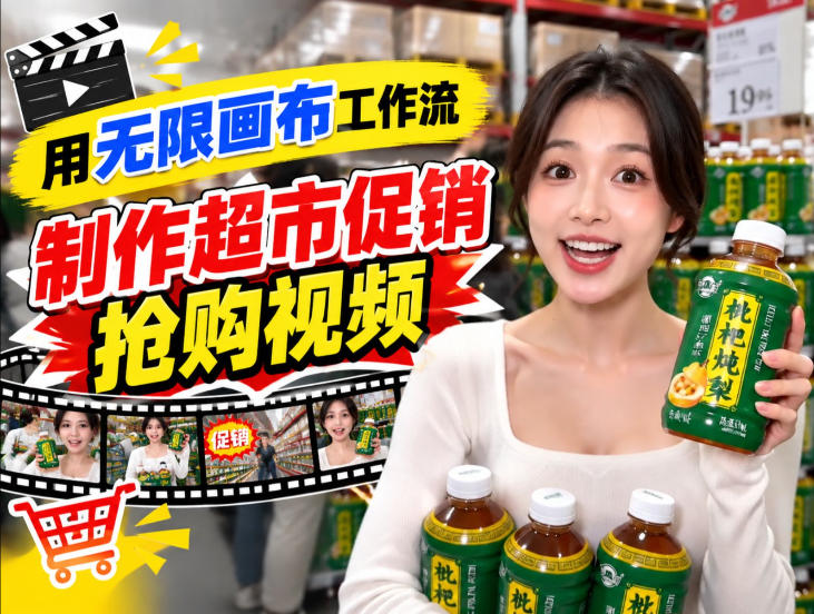无限画布超市促销抢购视频工作流，一键产出TikTok抖音带货短视频-轻创星球网