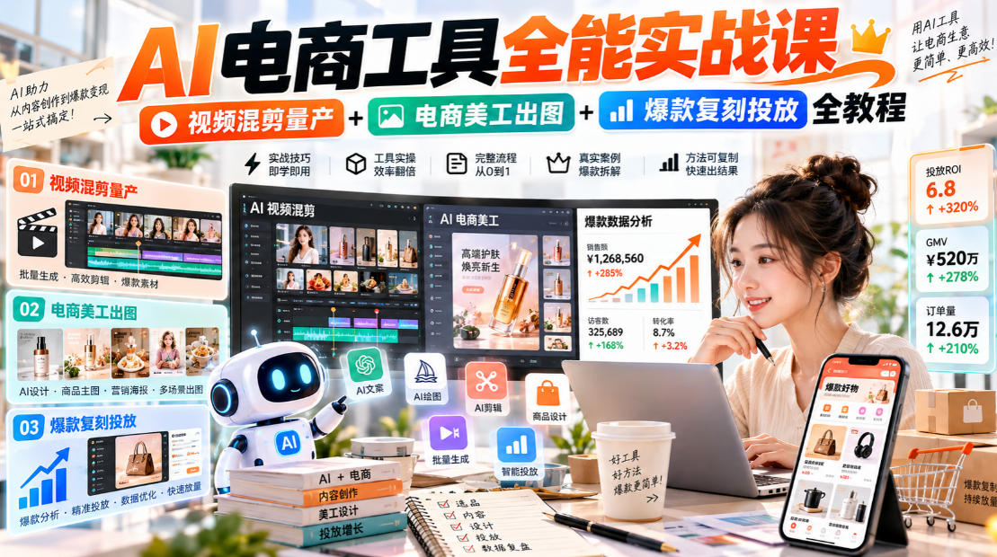 AI电商工具全能实战教学，视频混剪量产+电商美工出图+爆款复刻投放全教程​-轻创星球网