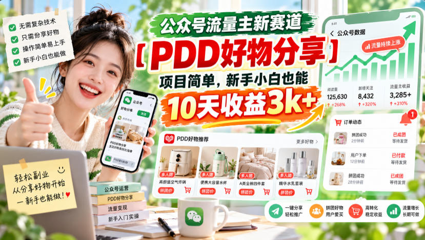 公众号流量主新赛道【PDD好物分享】，项目简单，新手小白也能10天收益3k+-轻创星球网