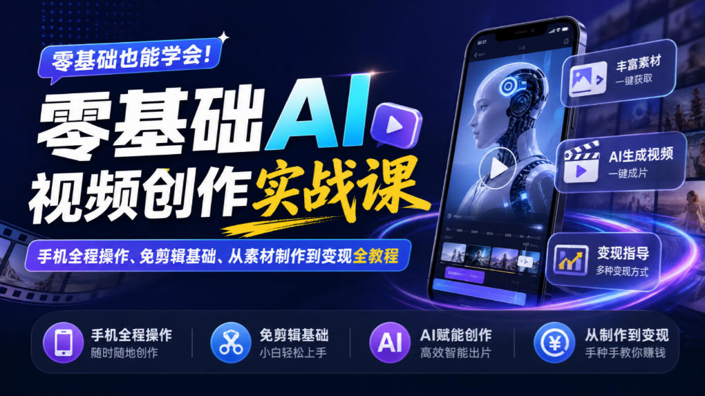 零基础AI视频创作实战课｜手机全程操作、免剪辑基础、从素材制作到变现全教程​-轻创星球网
