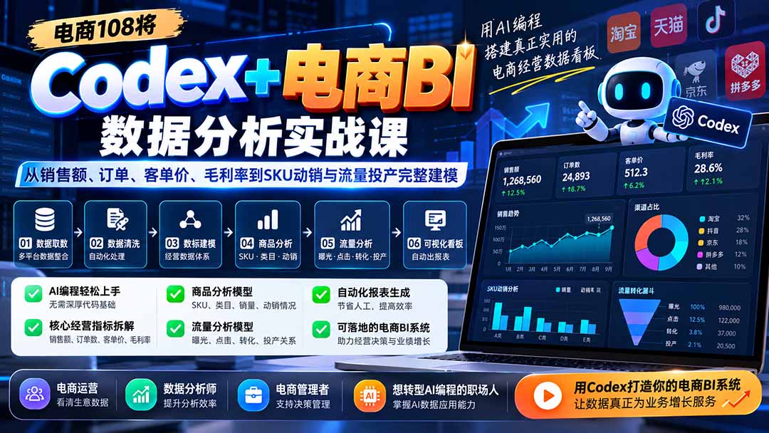 Codex+电商BI数据分析实战课-更新：从销售额、订单、客单价、毛利率到SKU动销与流量投产完整建模-轻创星球网