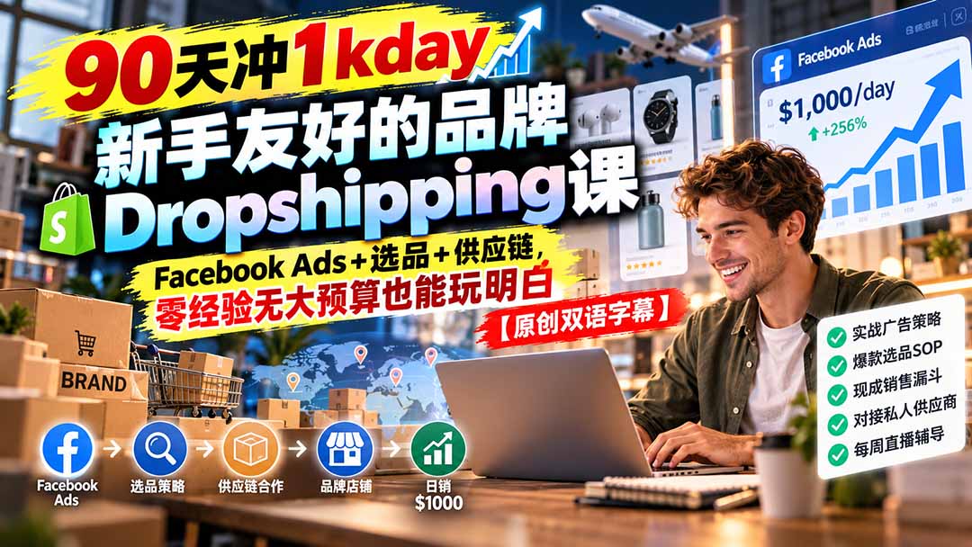90天冲1kday 新手友好的品牌Dropshipping课：Facebook Ads+选品+供应链，零经验无大预算也能玩明白【原创双语字幕】-轻创星球网
