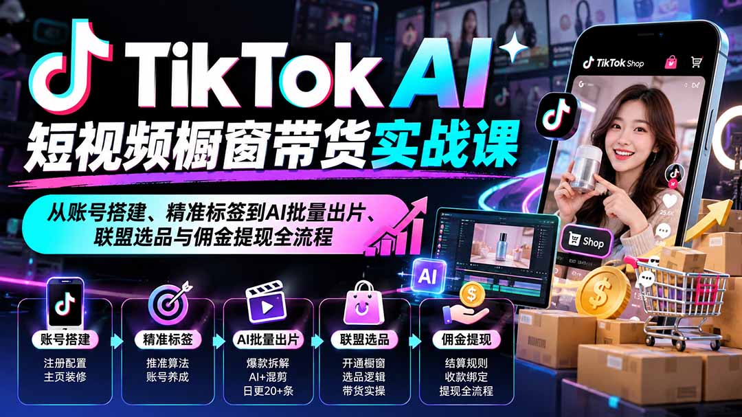 TikTok AI短视频橱窗带货实战课：从账号搭建、精准标签到AI批量出片、联盟选品与佣金提现全流程-轻创星球网