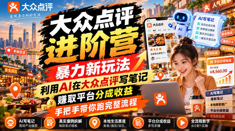 大众点评进阶营，暴力新玩法，利用AI在大众点评写笔记， 賺取平台分成收益，手把手带你跑完整流程-轻创星球网