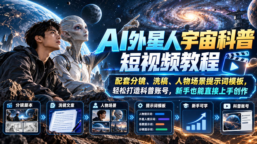 AI外星人宇宙科普短视频教程，配套分镜、洗稿、人物场景提示词模板，轻松打造科普账号，新手也能直接上手创作-轻创星球网