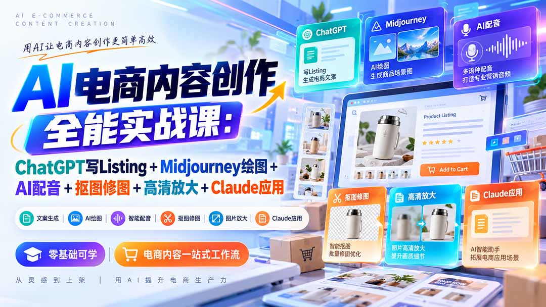 【无水印】AI电商内容创作全能实战课：ChatGPT写Listing+Midjourney绘图+AI配音+抠图修图+高清放大+Claude应用-轻创星球网