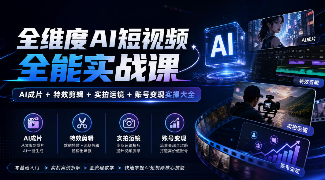 全维度AI短视频全能实战课，AI成片+特效剪辑+实拍运镜+账号变现实操大全-轻创星球网