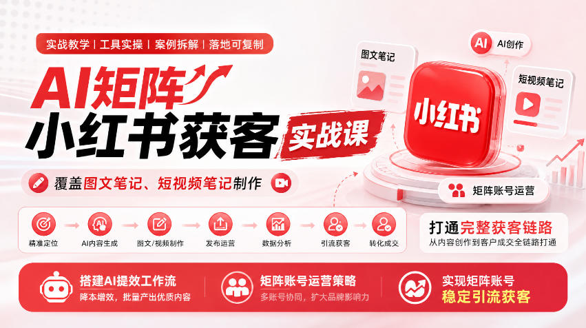 AI矩阵小红书获客实战课，覆盖图文笔记、短视频笔记制作，打通完整获客链路，搭建AI提效工作流，实现矩阵账号稳定引流获客-轻创星球网